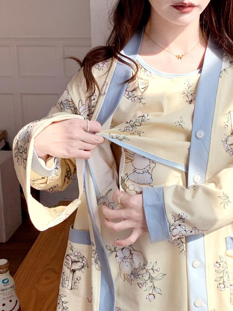 Spring & Autumn Maternity Pajama Set: Breathable Three-Piece for Delivery & Breastfeeding with Absorbent Breast Pads