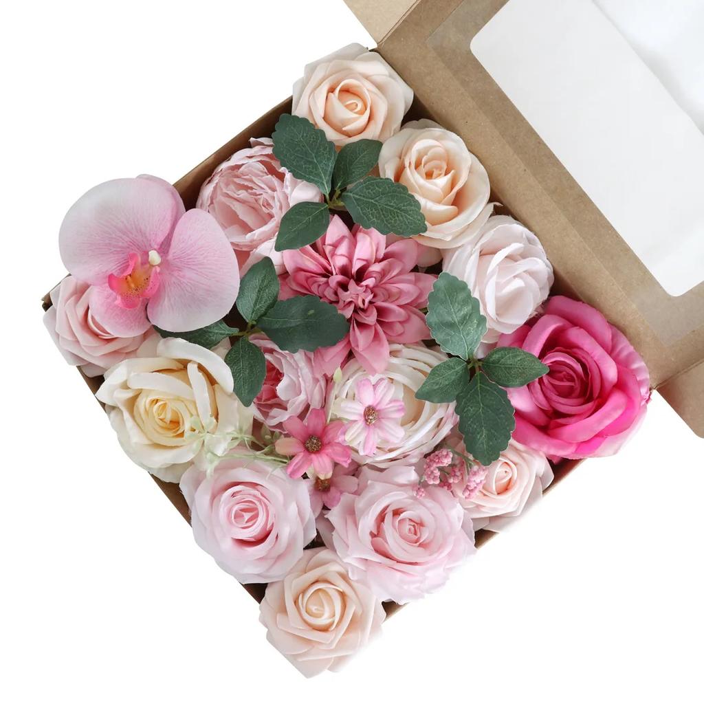 Pink Blue Artificial Flowers Combo Box Set for DIY Floral Arrangement Wedding Bouquet Party Table Centerpieces Decoration