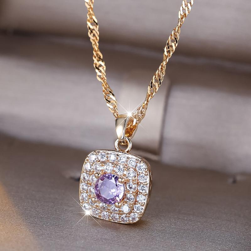 Shiny Purple Zircon Square Pendant Necklace for Women Gold Color Crystal Pendant Vintage Jewelry