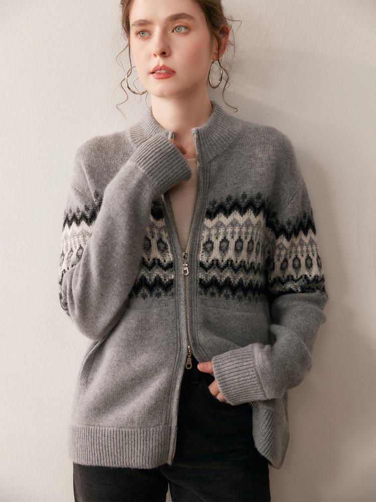 Fair Isle Jacquard Double Zipper Cashmere Cardigan Sweater for Women