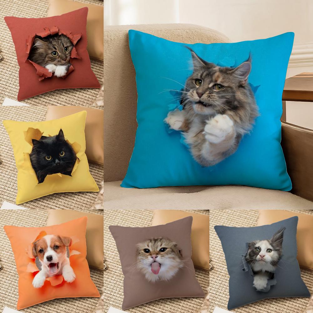 Cute Naughty Cats Dogs Cushion Cover Soft Plush DoubleSided Printed Sofa Pillow Cushion Cover AllSeason Durable Decor Gift