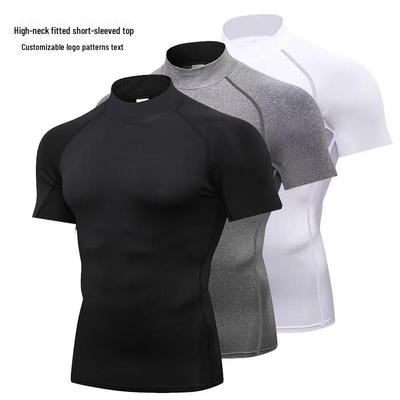 Men's Quick-Dry High Neck Athletic T-Shirt - Short Sleeve, Sweat-Wicking, Tight Fit, Stand Collar