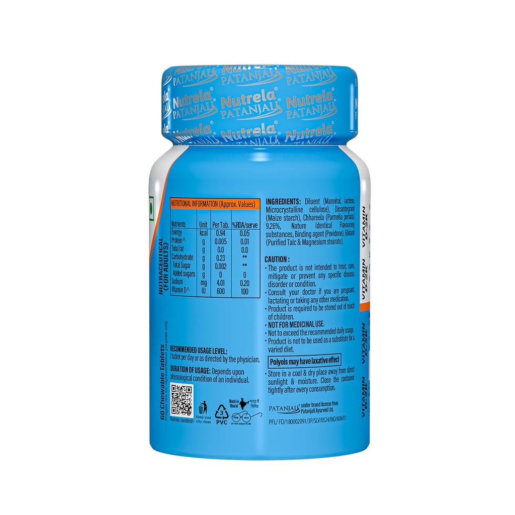 Nutrela Patanjali Vit D2K Natural Chewable Tablets Vanilla Pack of 1 60 tab For Daily Bone Support and Wellness