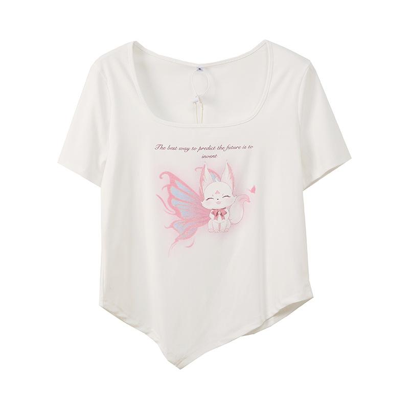 Large Size Women's Clothing Little Fox Printed Square Collar T-shirt Summer New Women's Sweet and Spicy Showing Thin Top 242396