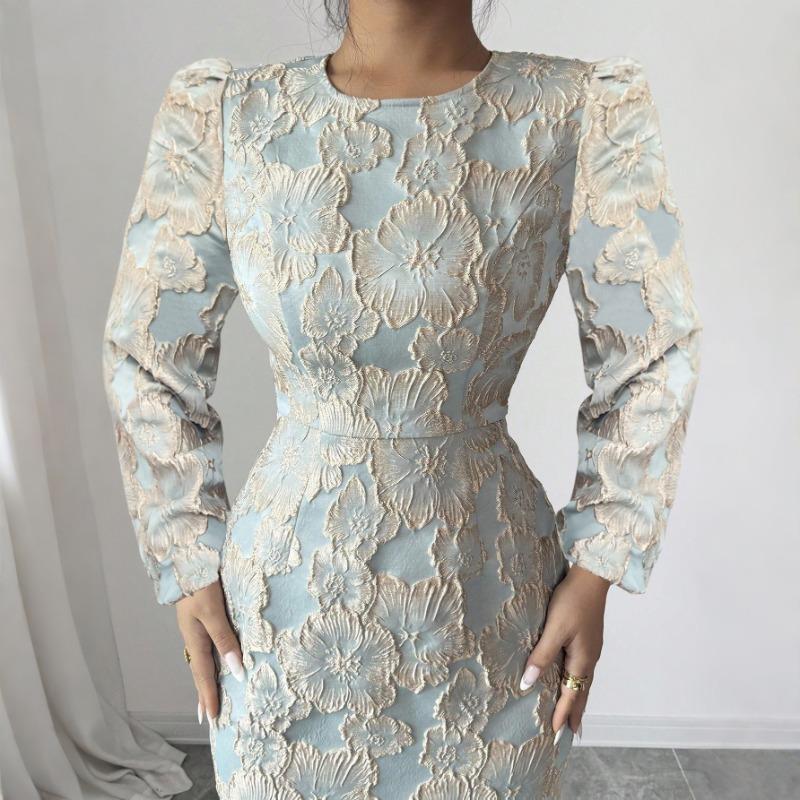 Rochie Imprimată, Mâneci Lanternă, Coadă de Pește, Gât Rotund, Rochie Lungă Elegantă și Subțiatoare