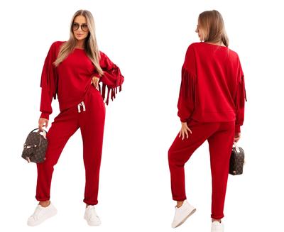 Bordowy Dres Damski Komplet Bluza Z Frędzlami I Spodnie