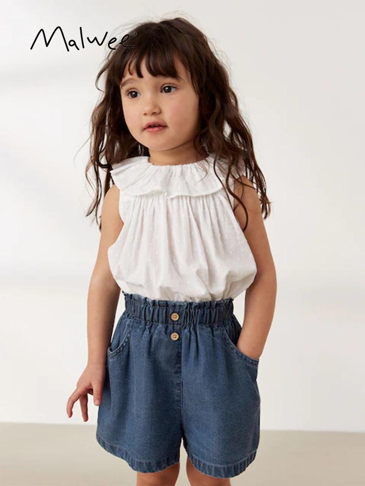 Malwee Girls' Summer Jeans: European & American Style, Elastic Waist, Cute Design for Small To Medium Children