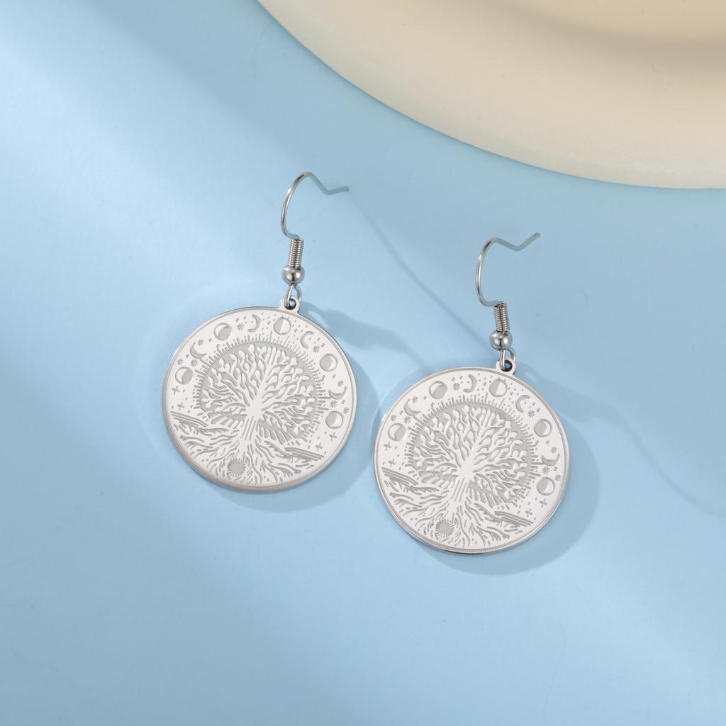 Vintage Moon Phase Life Tree Earrings Stainless Steel Celtic Knot Totem Round Women's Earrings Lucky Jewelry Gifts