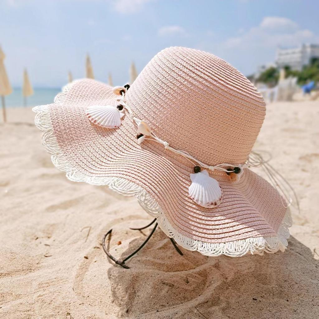 Hairbeard Shell Straw Hat Women's Summer Sunscreen Big Eaves Hat Anti UV Sun Hat Outdoor Travel Sunshade Hat Beach Hat