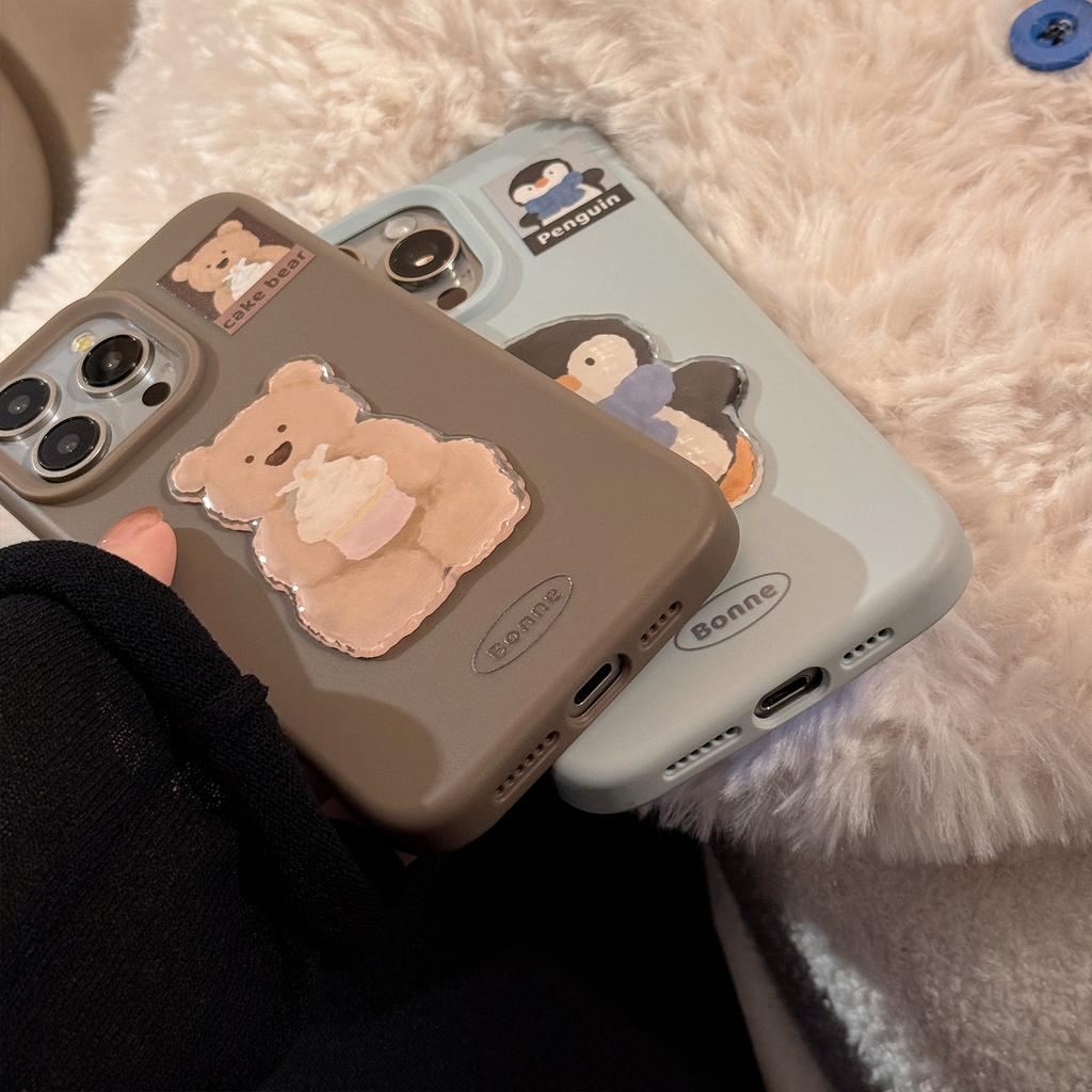 Suitable for Apple 16 phone case 17 Pro Max oil painting bear penguin iPhone 14 3D 13 Korean style 12 silicone
