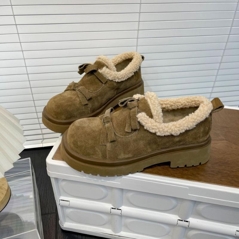 

Leather velvet women s autumn and winter new retro thick-soled heightening fluffy shoes versatile bow cotton shoes 38 хакі