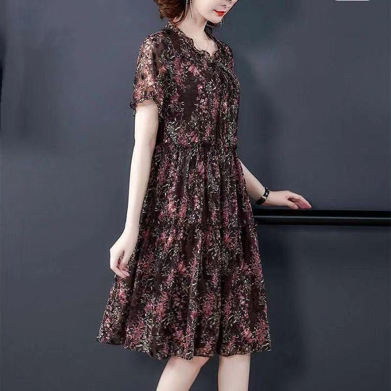 Summer Floral Dress Women's Plus Size Dress Mesh Long Chiffon Printed Dress