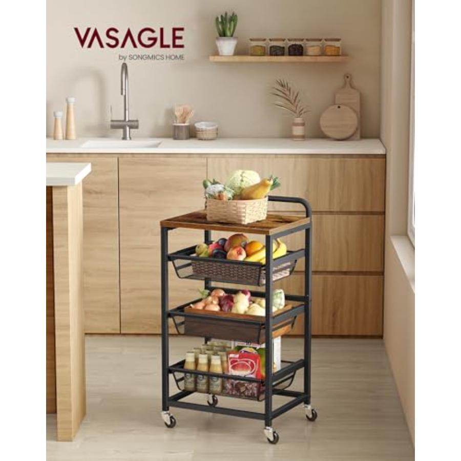 Storage Cart with Pull-Out Baskets 4-Tier Kitchen Cart with Wheels Handle 12.5 x 15.8 x 29.9 Inches Rustic Brown and Ink Black