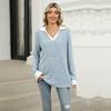 Women's V Neck Collar Long Sleeve Tunic Top Loose Fit Urban Style Color Block Ribbed Knit Casual Tee Shirt