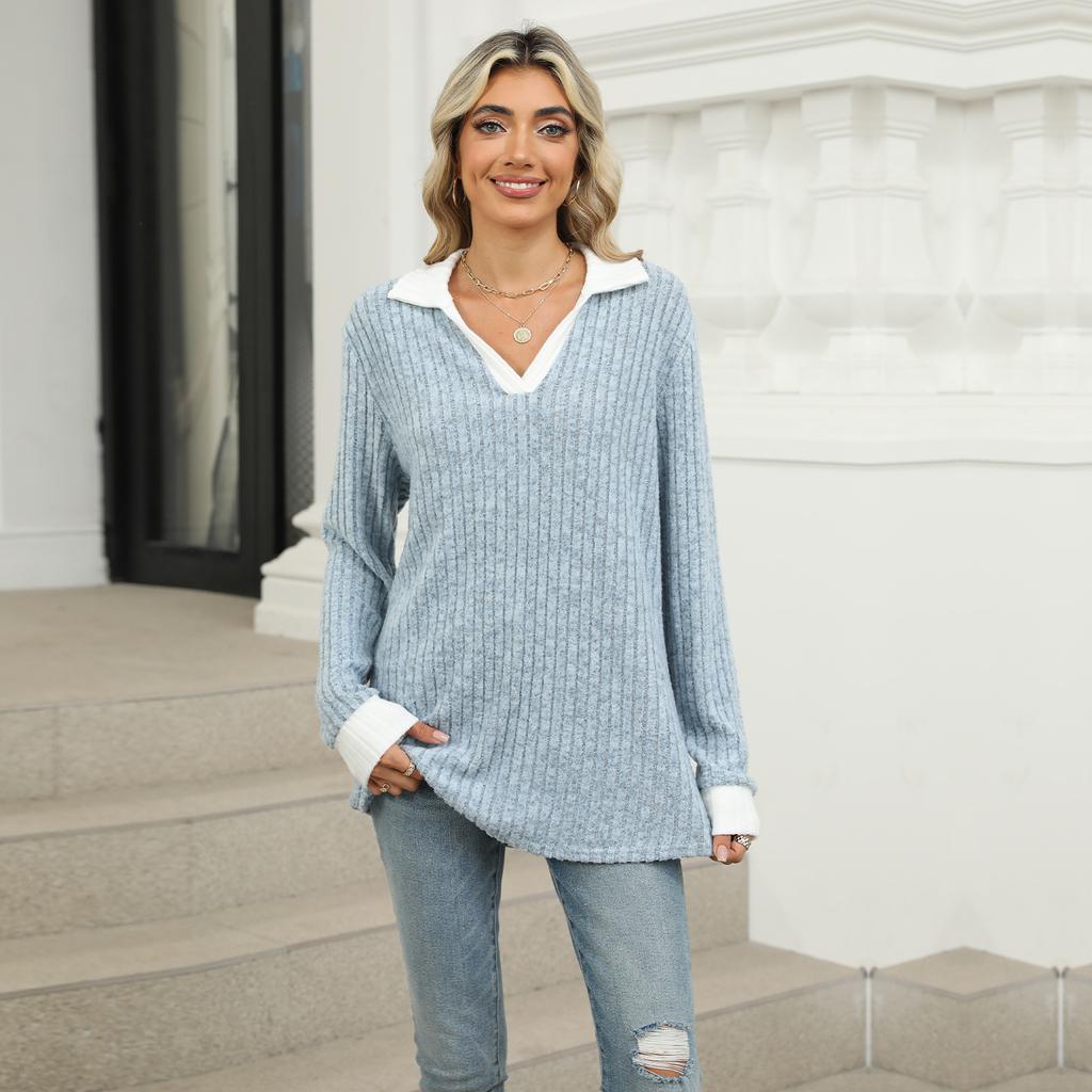 Women's V Neck Collar Long Sleeve Tunic Top Loose Fit Urban Style Color Block Ribbed Knit Casual Tee Shirt