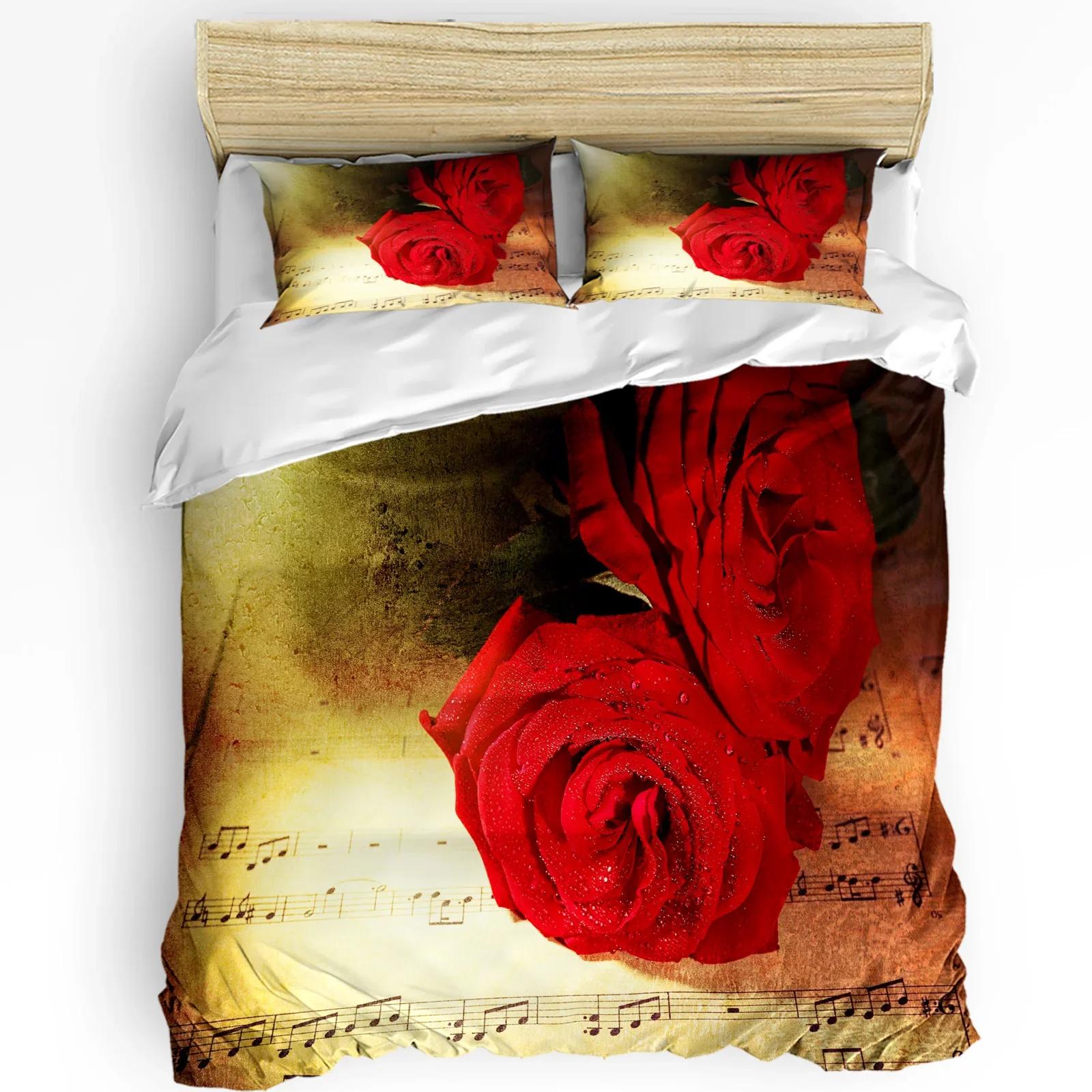 Practical Home Decor Unisex Red/Black Rose Flower Duvet Cover Bed Bedding Set For Double Home Textile Quilt Cover Pillowcases Bedroom Bedding Set (No Sheet)