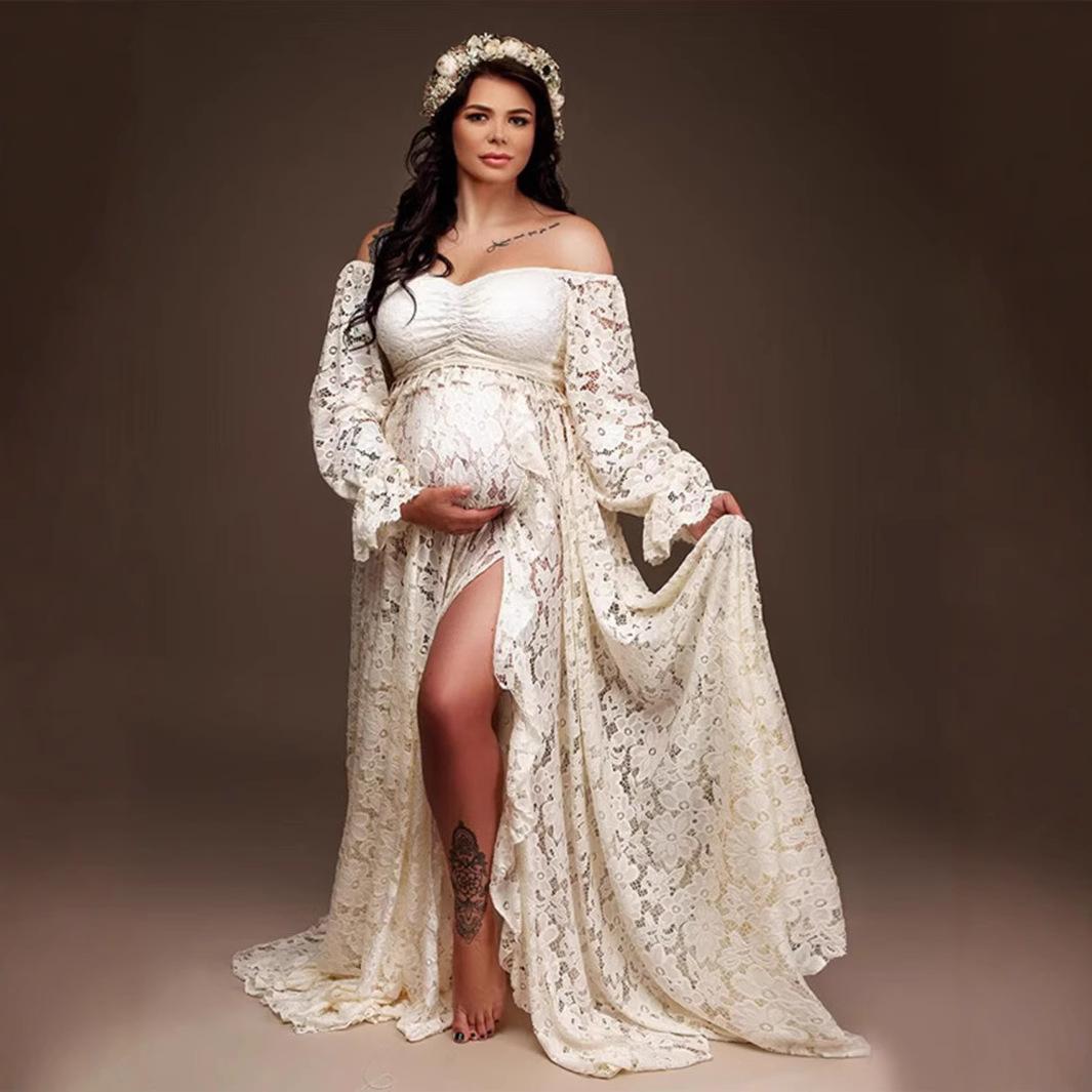 

Photography Maternity Dress with High Slit Two Piece Set for Maternity Photos Floor Length Outfit S белый