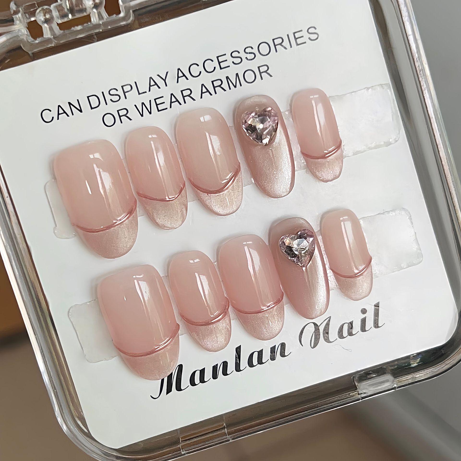 

Handmade Gel Manicure Cat Eye Nails: Minimalist French Rhinestone False Nails, Oval Tips, Nude Whitening. Medium