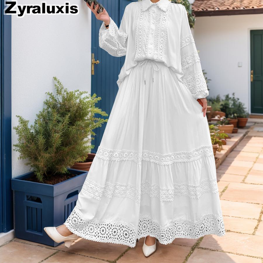 Women s Hollow Lace Patchwork Top + Wide-Leg Pants Set Outfit S