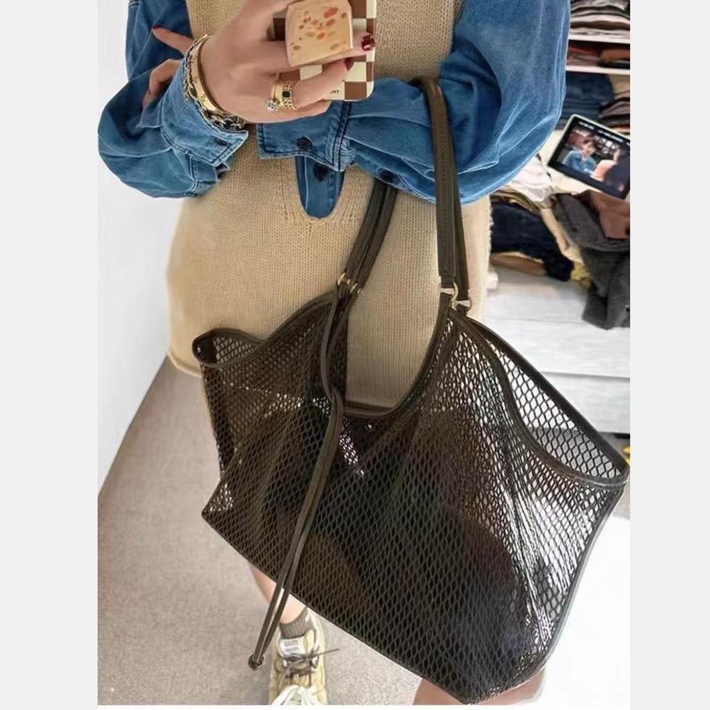 Dámská síťovaná plážová cestovní taška přes rameno s velkou kapacitou, ležérní nákupní taška, úložný prostor na plážové hračky, dutý design rybářské sítě