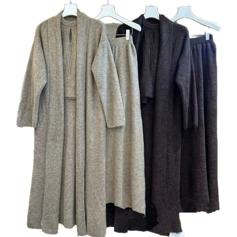 Korean Version Knitted Suit Women's Autumn and Winter Lazy Wind Knitted Cardigan Neck Vest Skirt Three-piece Set