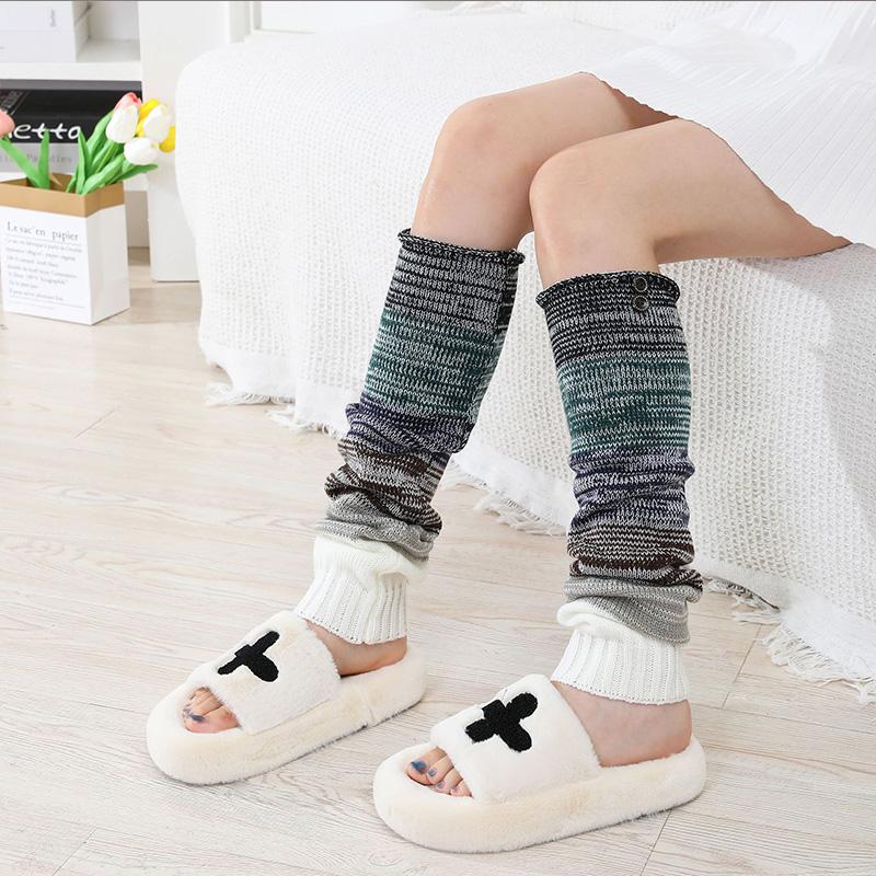 Autumn Winter New Women Shoe Covers Knee Pads Mixed Color Striped Buttons Long Over The Knee Knitted Warm Pile Sock Covers