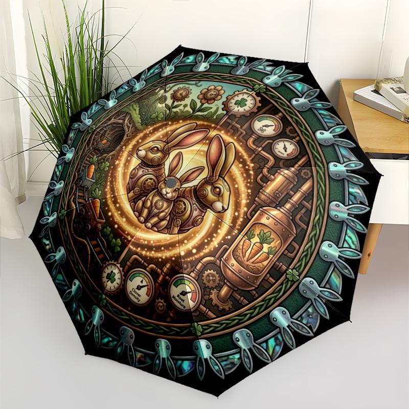 Steampunk Rabbit Garden pattern umbrella, portable and foldable design, 8 ribs, a casual accessory for Halloween, Christmas, and birthday gifts.