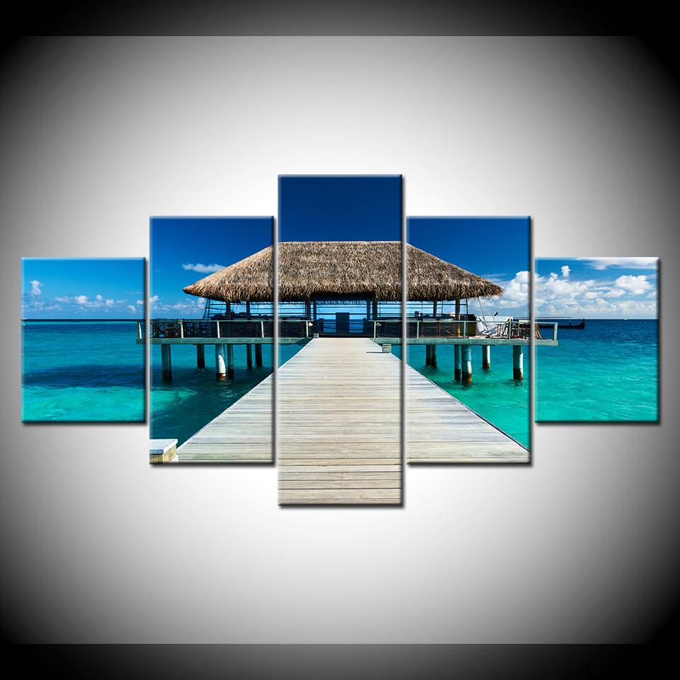 Canvas Painting Seaside cottage summer landscape 5 Pieces Wall Art Painting Modular Wallpapers Poster Print Home Decor
