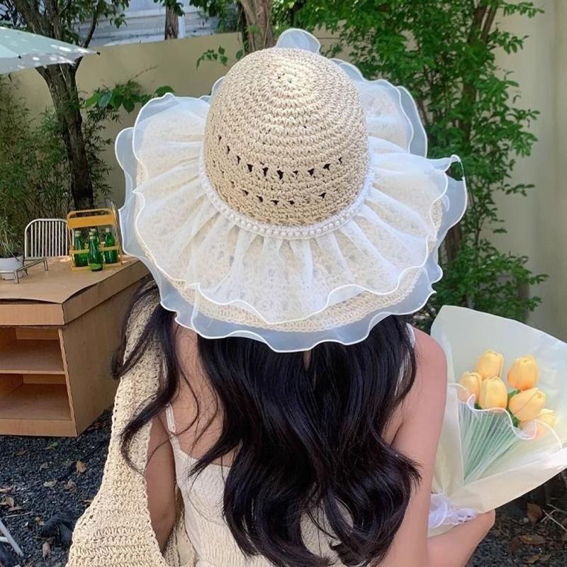 RICYGVM Lace Ruffle Straw Hat For Women Large Brim Fisherman Cap Travel Beach Sun Protection Hats Sweet Girl Hollow Grass Visors