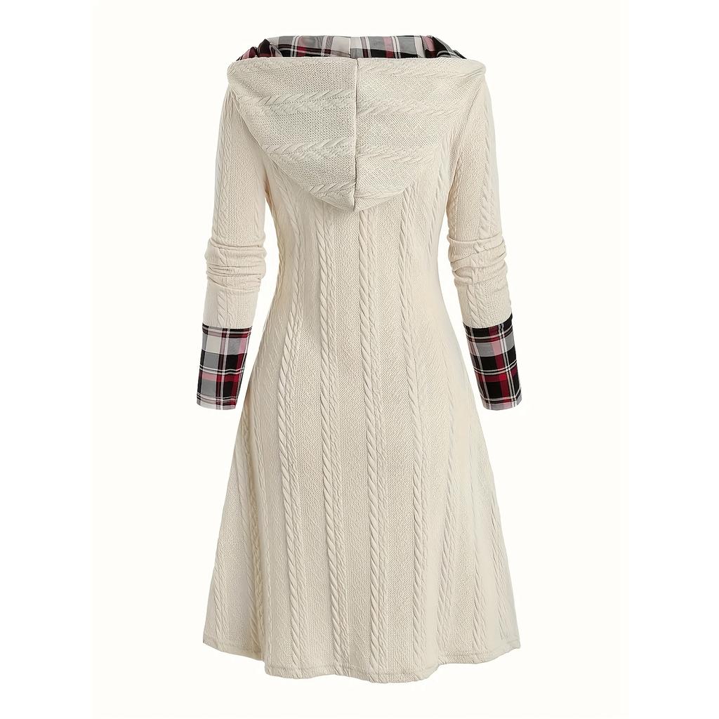 Knitted Hooded Dress Plaid Print Stitching Fake Buckle High Waist Long Sleeve A-line Dress Female