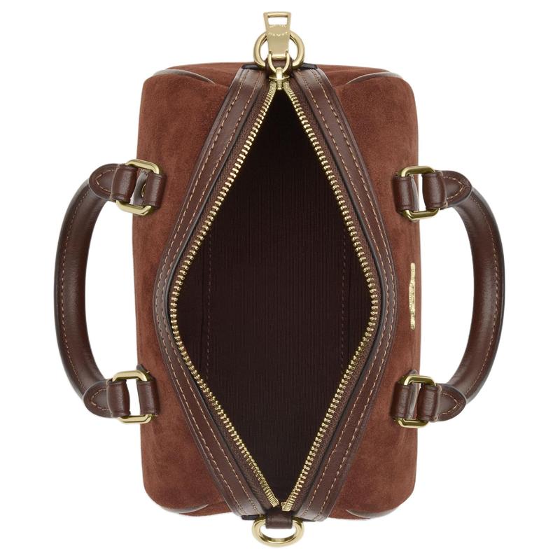 Coach Rowan 17 Logo Dorato Texture Scamosciata Pelle di Mucca Borsa da Viaggio Boston Duffel Piccola da Donna Vintage Marrone