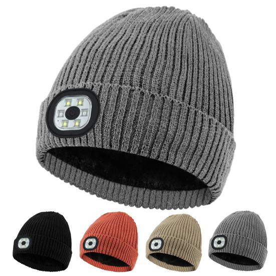 Unisex Ensfarget LED Lys Lue Fleecefôr Strikket Lues Vinter Utendørs Ridning Nattløping Varsellys Lue Streetwear
