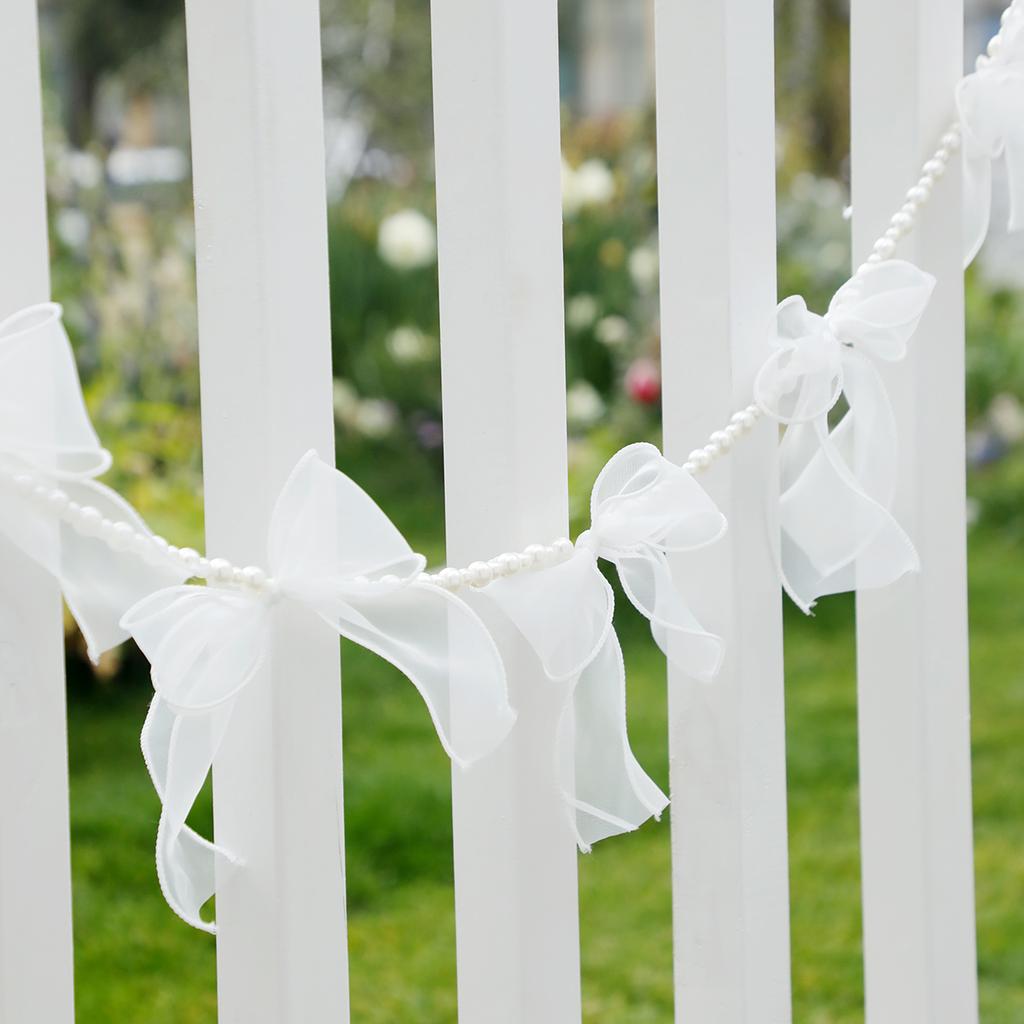Elegant White Organza Ribbon and Pearl Garland, Wedding Party Decor, Bridal Shower Hanging Garland with Bows, Home Decor Banner