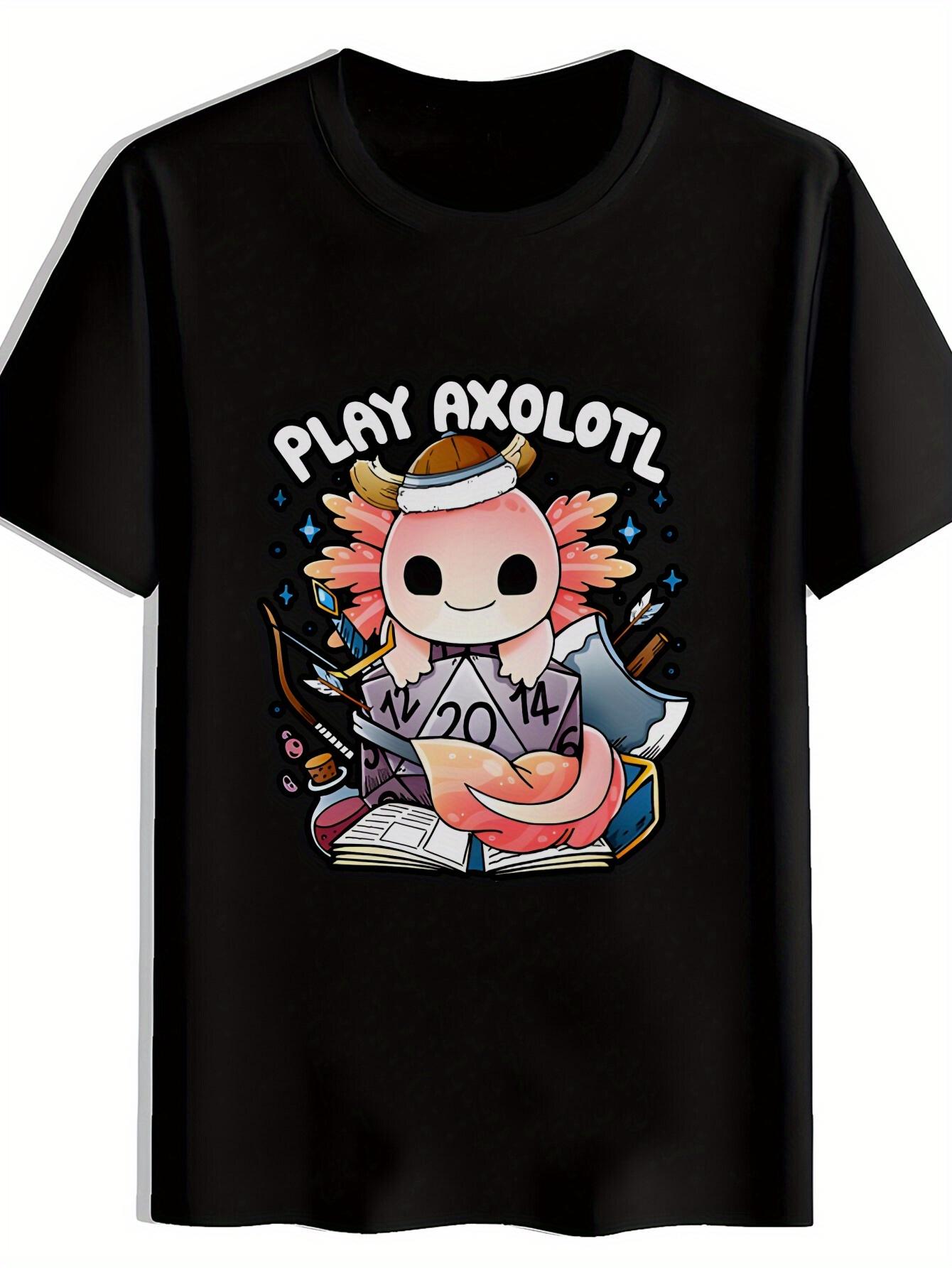 

Men S Black Casual Crew Neck T-Shirt with Cartoon Axolotl and Dice Design - Play Axolotl Text S