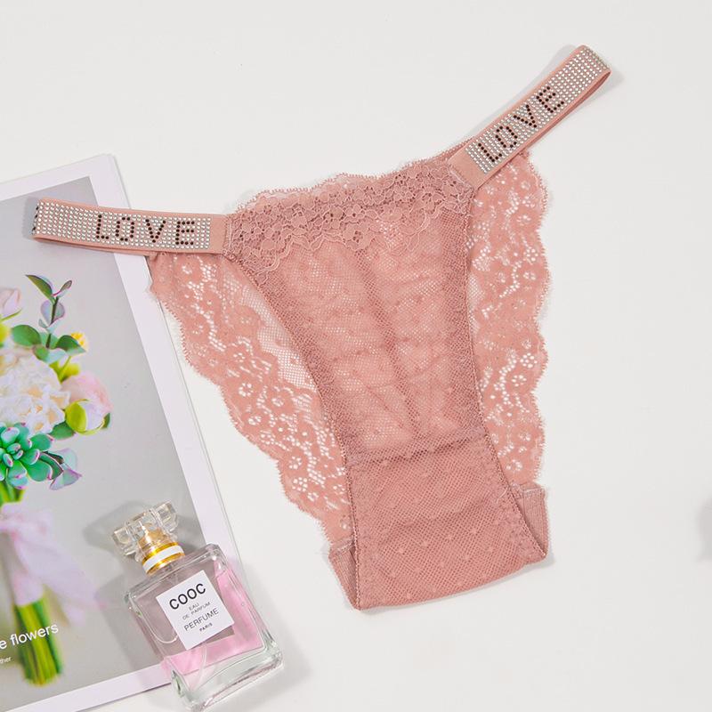 Hot Diamond Sexy Lace Underwear Women's Double Belt Thongs Diamond Decoration Hot Simple Breathable Hollow Lightweight Bikini Panties