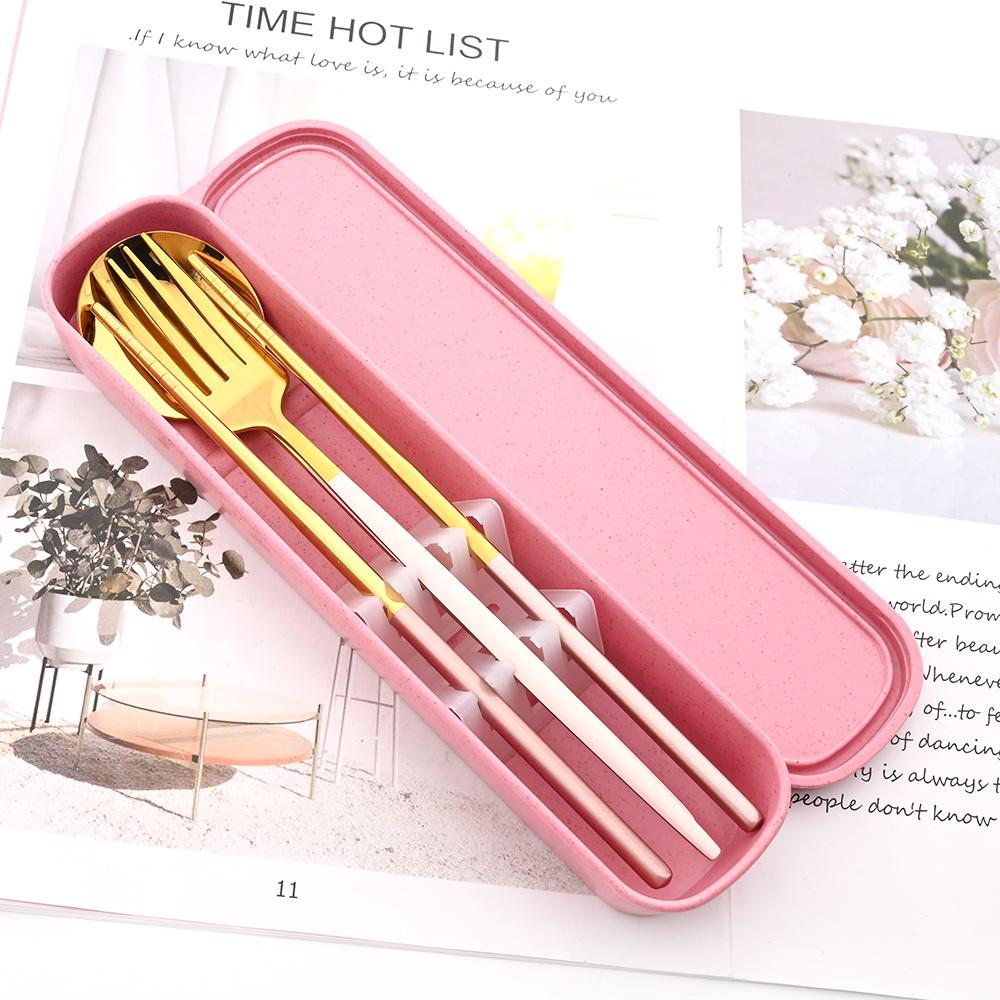 Schwarzes und goldenes Geschirrset, tragbares Reiseset, 3-teilig, Essstäbchen, Gabel, Löffel, Besteckset mit Box, Küchenzubehör, Besteck