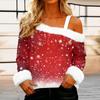 Women's Off-the-shoulder Plush Neck Printed Long-sleeved Pullover T-shirt Top