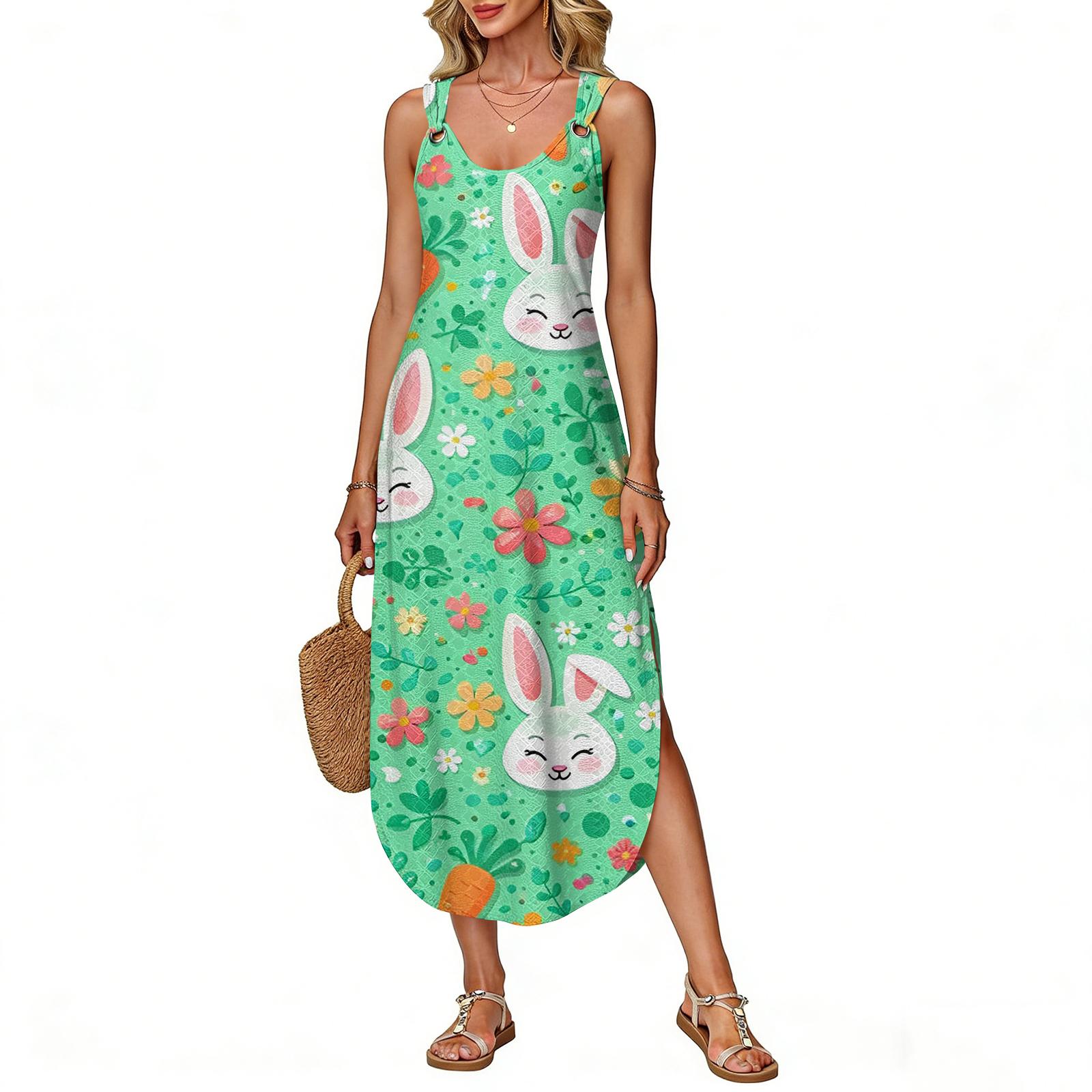 

Women s Summer Long Dress, Sleeveless With Side Slit, Long Easter Printed Vest Dress M