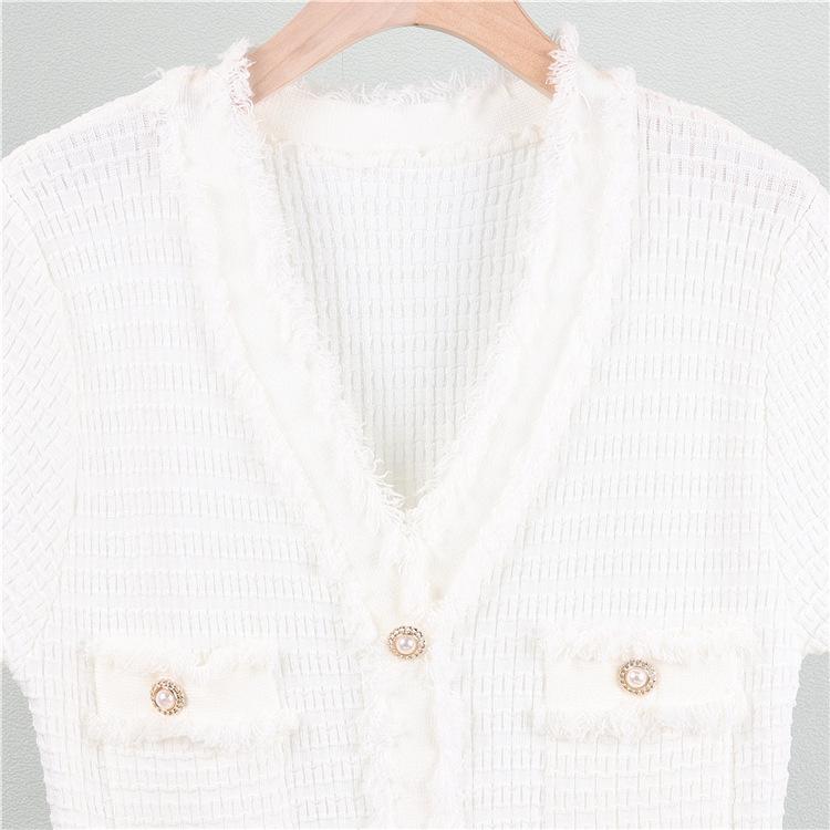 Gentle Wind Fringe Knit Short-sleeved Dress Women's Plus Size V-neck Pure Colour Temperament Mid-length Dress