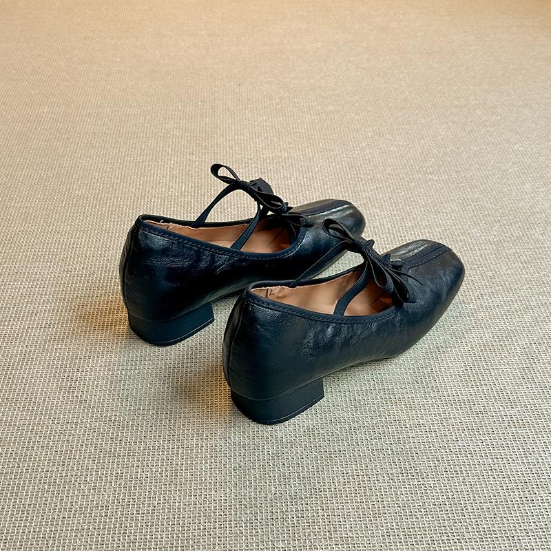 Square Head Retro Bow Mary Jane Shoes Women's Light Mouth Low Heel French Ballet Single Shoes Women