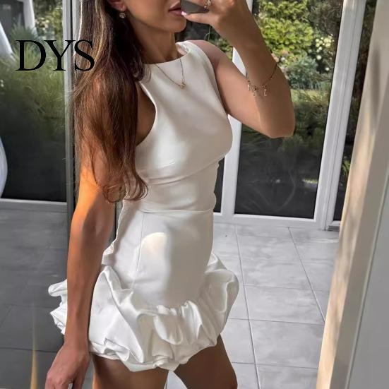 Necklaces Pairing Dress Women Sexy Mini Solid Color Slim Fit Female Sleeveless Pleated O-neck Backless Holiday Party Short Fashionable Hem