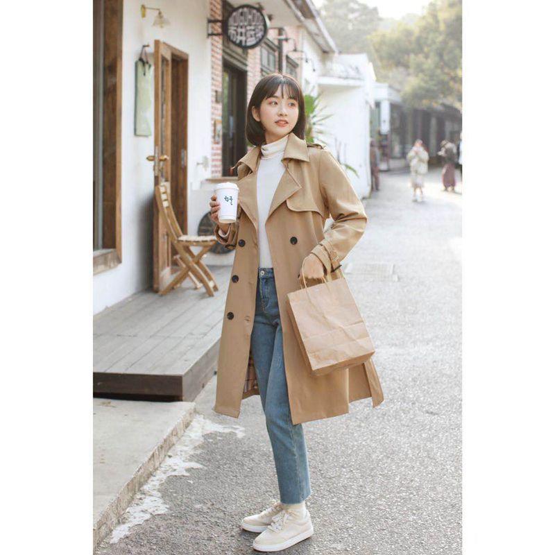 Frühlings-Temperament vielseitiger britischer Stil Overknee mittel und lang zweireihiger Trenchcoat Damen-Trend