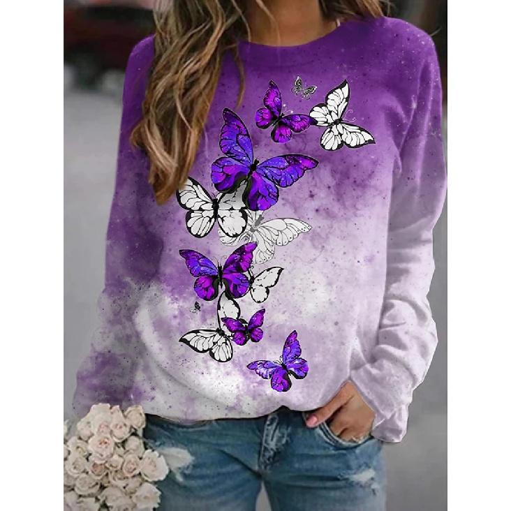 Neuer Herbst- und Winter Damen Floral Schmetterling Tierdruck Rundhals Kurz Langarm Hoodie