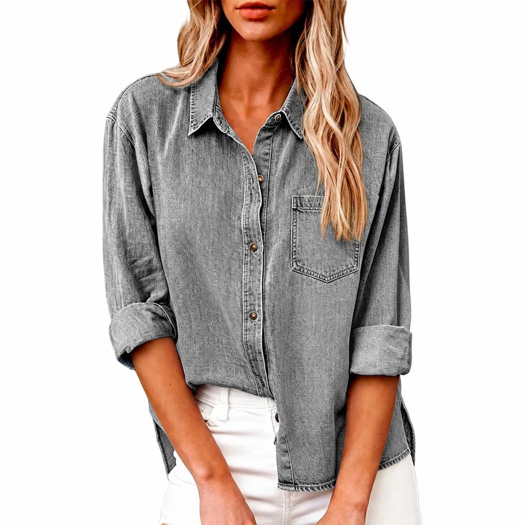 Women's Loose Fit Denim- Buttoned Top with Casual Design for Everyday Wear and