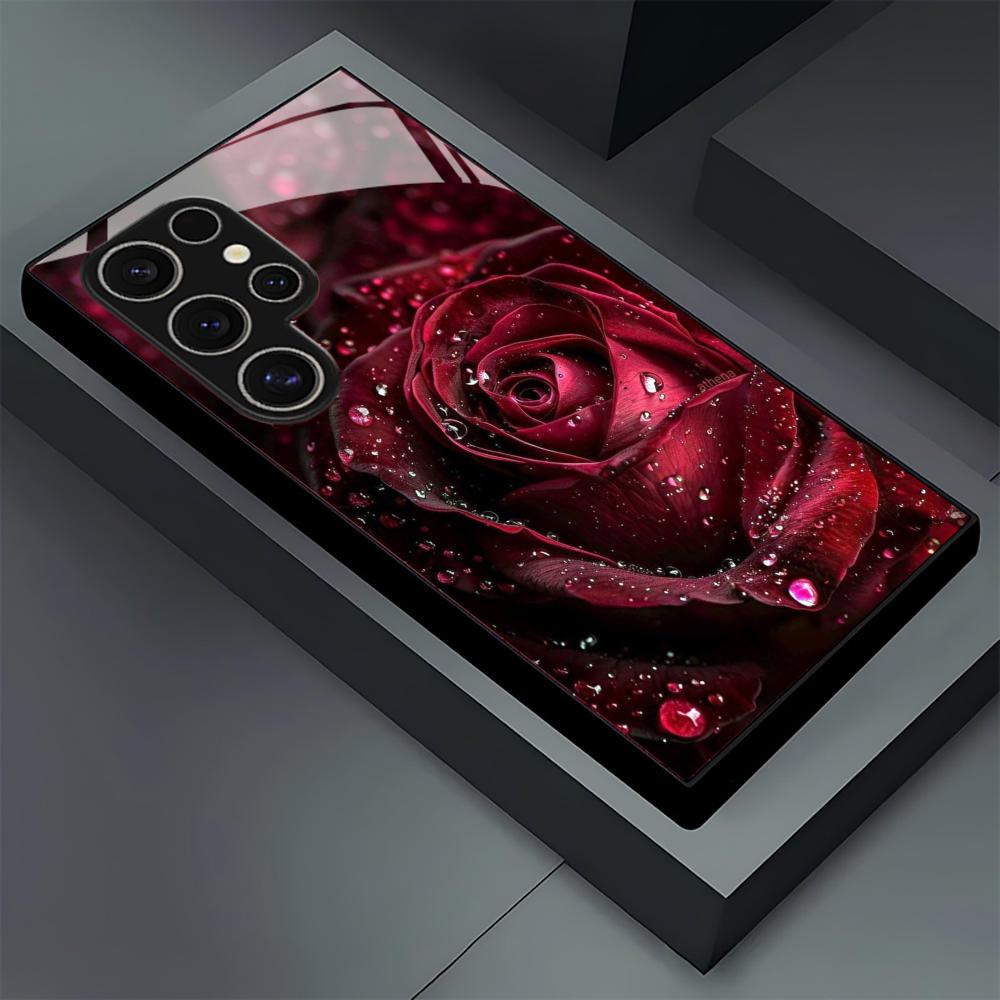 Red Rose Flower Glass Phone Case For Samsung Galaxy S26 S25 S24 S22 S23 Ultra S21 S20 Plus 5G Frosted Non-Slip Full Cover