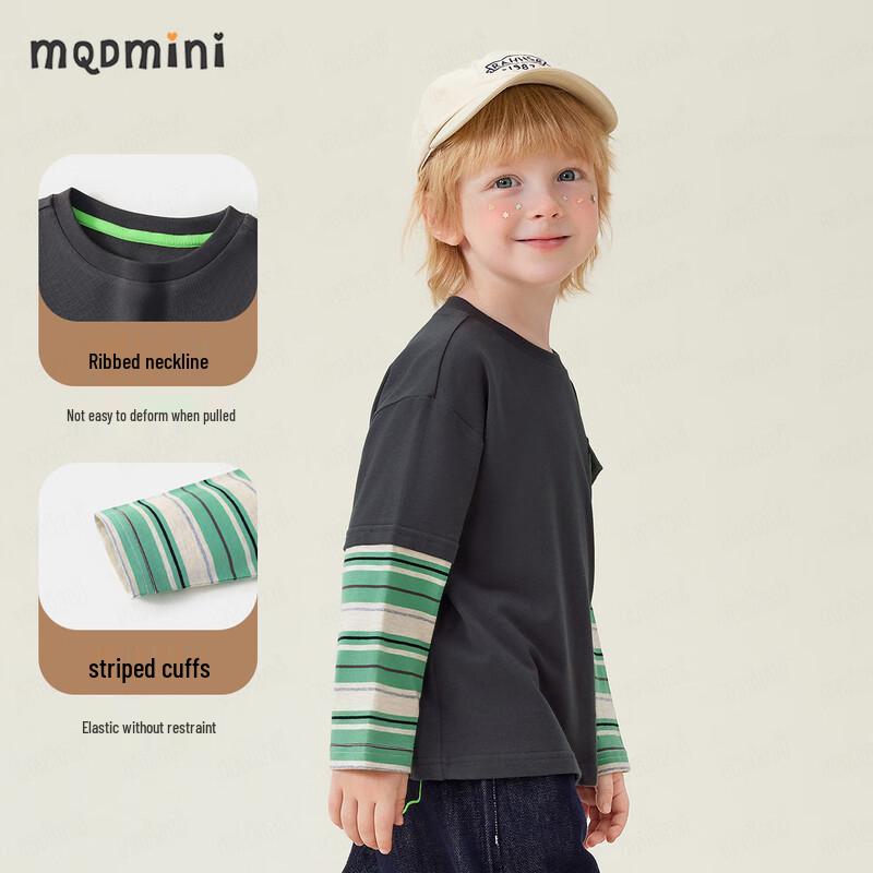 MQDMINI Boys' 3D Dinosaur Pocket Faux Two-Piece Long-Sleeve T-Shirt