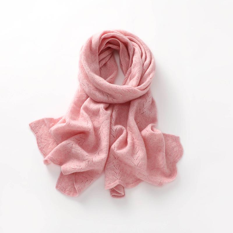 Women s Soft Pure Cashmere Korean Style Hollow-out Pink Scarf for Autumn and Winter