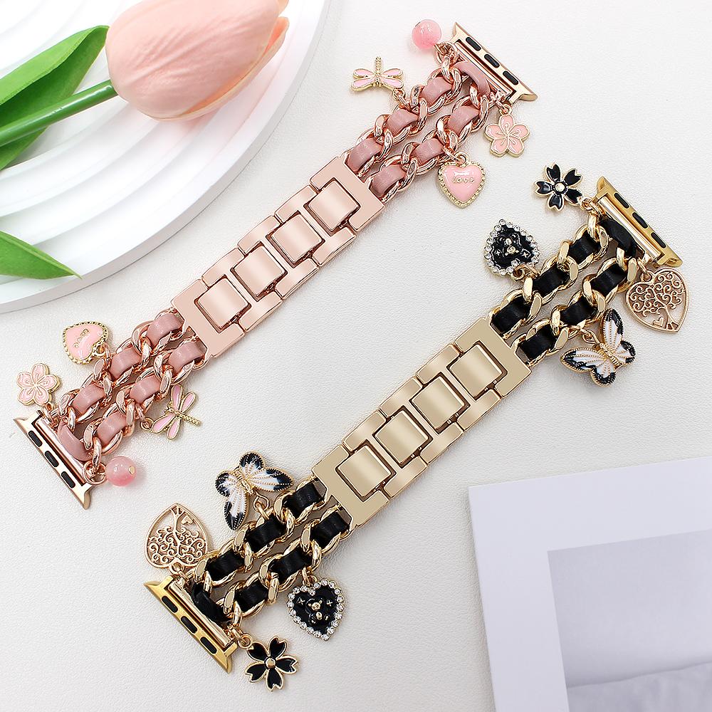 Watch Strap for Apple Watch Series 10 Ultra 9 8 7 SE 6 5 4 3 2 1 46mm 49mm 45mm 44mm 42mm Alloy+Leather Band with Butterfly and Flower Pendant