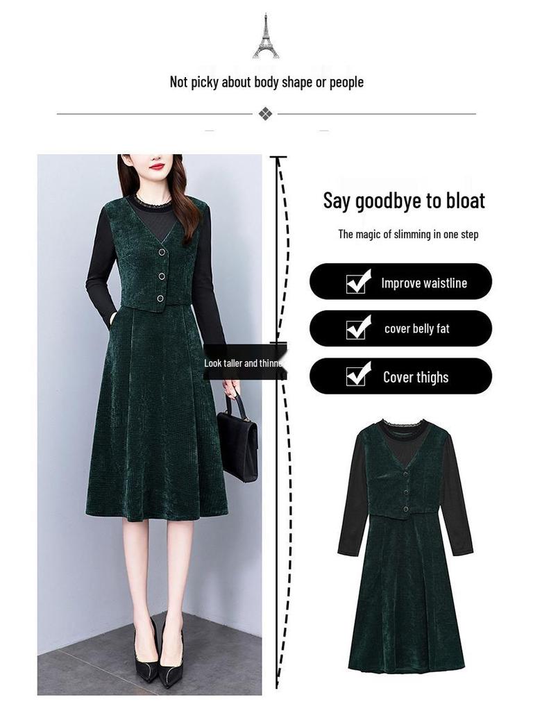 2026 Fall/Winter Elegant Versatile Long-Sleeve Faux Two-Piece Slimming Mid-Length Skirt