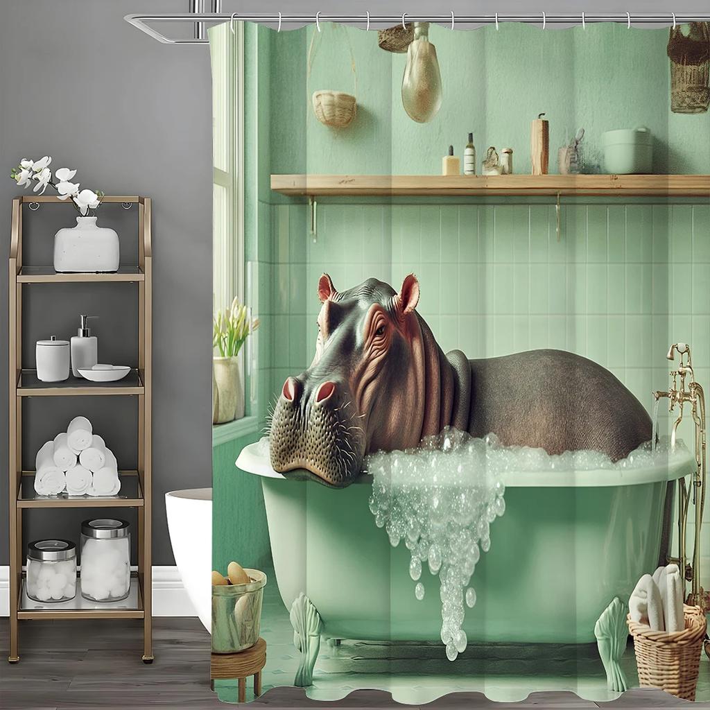 Fun Hippo Bathing in Tub Shower Curtain, Bathroom Decorative Shower Curtain, Waterproof Shower Curtain with Hooks